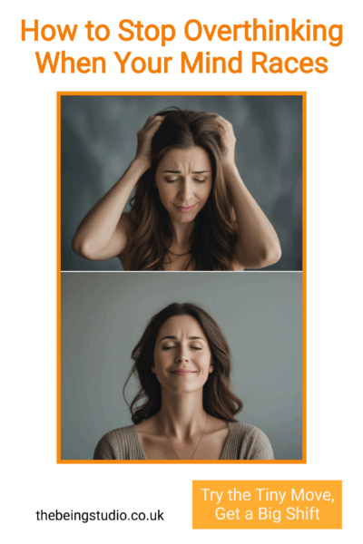 How to stop overthinking at night: storyboard—mind racing → body release + breath → quick worry dump → lights down.