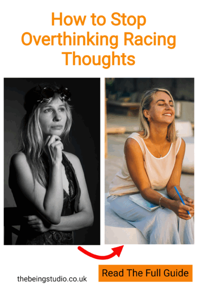 This Pinterest pin offers guidance on how to stop overthinking and racing thoughts. It features a split image: one side shows a woman in a black and white portrait, appearing pensive, while the other side displays a woman smiling with her eyes closed, suggesting peace. The text overlay clearly states the topic: "How to Stop Overthinking Racing Thoughts." Below the images, there's a call to action, "Read The Full Guide," with a website address provided. This content is relevant for mental well-being, self-help, and mindfulness practices. It aims to help individuals manage their anxious thoughts and achieve a calmer state of mind.