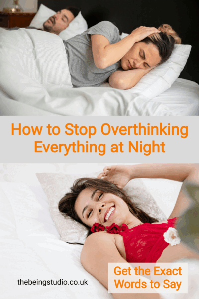 How to stop overthinking at night: frustrated female and very happy female after sleeping well. Evening routine, 3am script on a notecard.