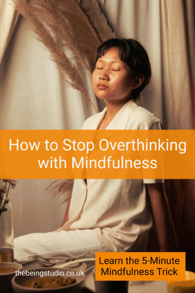 How to stop overthinking at night: woman seated on bed practicing mindfulness—soft eyes, slow breath, gentle focus.