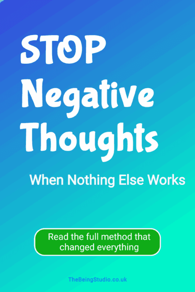 Blue/teal gradient background with large white text "STOP Negative Thoughts"