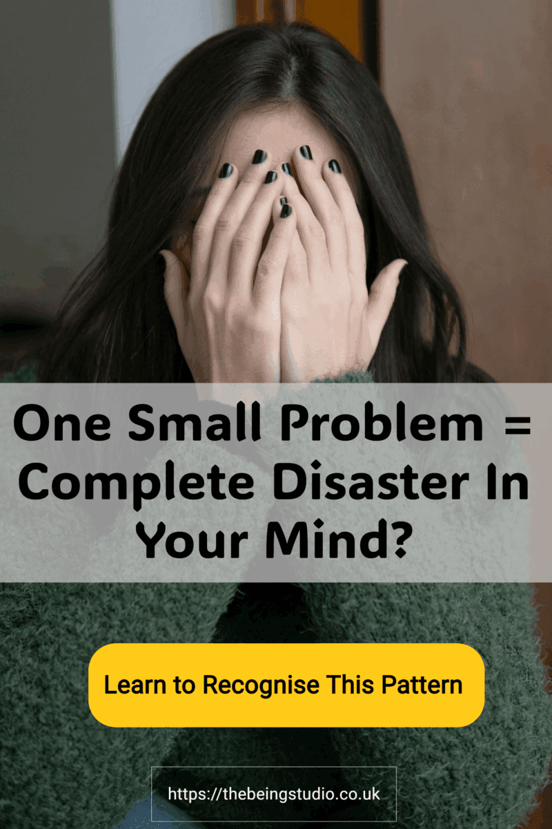 Frustrated lady with hands over face with text, one small problem = complete disaster in your mind.